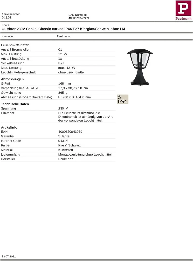 Sockelleuchte außen schwarz IP44 Classic curved E27 28cm