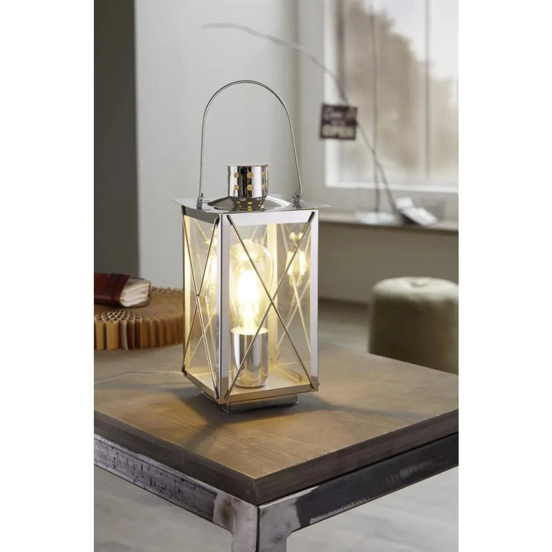 EGLO Laternen-Tischlampe – eckig, Chrom glänzend mit Klarglas, 27,5 cm, E27