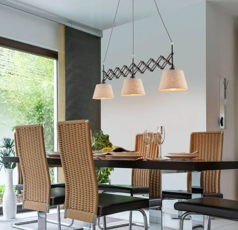 Esstischlampe mit Scherenarm "Adrienne" 3-flammig – Breite verstellbar, Stoffschirme Beige
