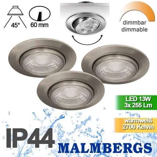 6er Set LED Einbaustrahler Silber – dimmbar – schwenkbar – IP44 – ultra flach – Malmbergs MD-13