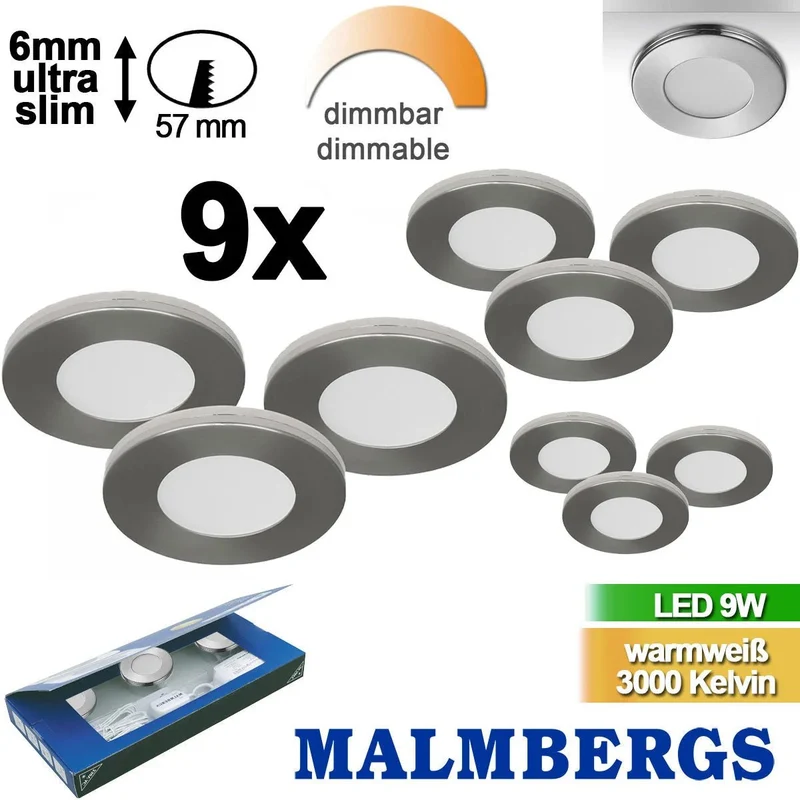 9er Set LED Möbeleinbauleuchten MD-305 – ultra slim, dimmbar, 57 mm, silber satiniert