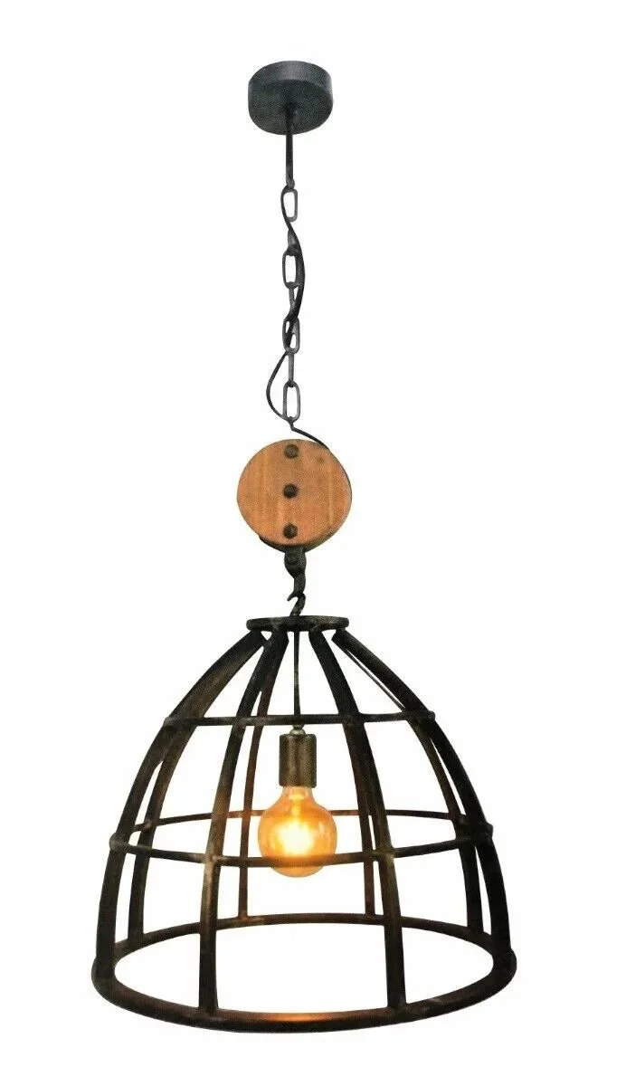 Design Hängelampe Vintage Industrie Look Schwarz mit Holzelement & Metallkorb