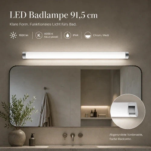 LED Badlampe 91,5 cm IP44 – Spiegelleuchte 1600 lm 4000K – Bad- & Feuchtraum-Wandleuchte Chrom/Weiß