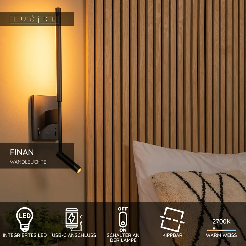 LED-Wandleuchte Finan mit USB-Ladeanschluss schwenkbar Schwarz