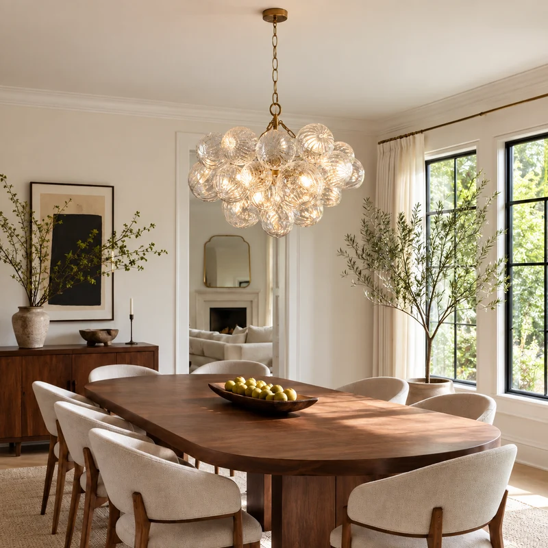 The Quinn Chandelier | Hand-Blown Clear Glass & Brass | CLQUN