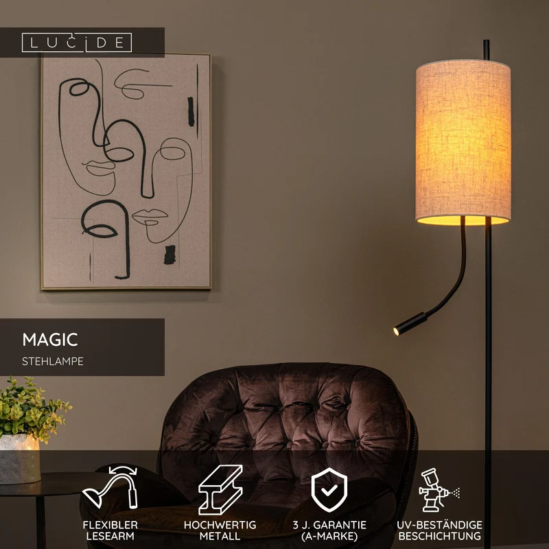 Stehleuchte Magic mit Lesearm und Leinenschirm 165cm