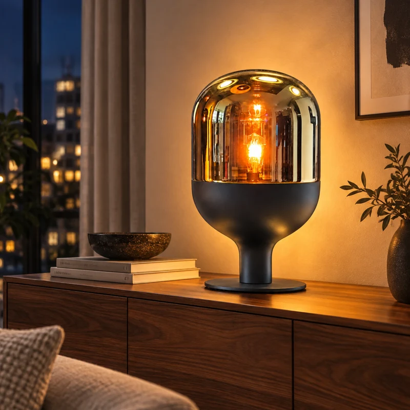 Sompex Dome XXL Tischlampe – mundgeblasenes Amber-Glas, schwarzer Sockel, 60 cm, E27