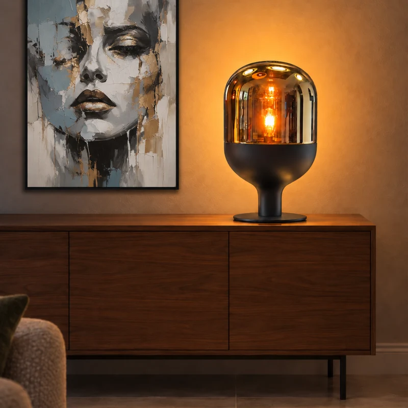 Sompex Dome XXL Tischlampe – mundgeblasenes Amber-Glas, schwarzer Sockel, 60 cm, E27