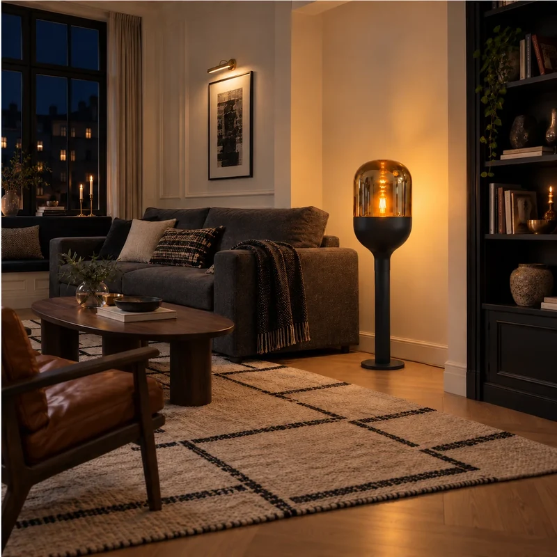 Sompex DOME Stehlampe Schwarz Gold mit Amber-Glas 120 cm