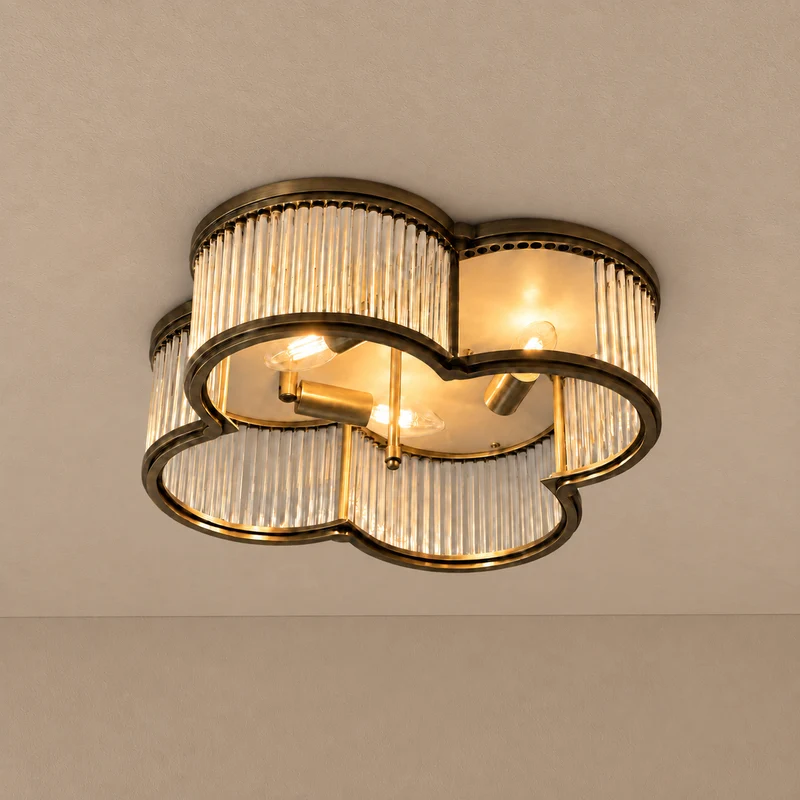 Quadrifoglio Fluted Glass Flush Mount | Antique Brass | CLQDF401NBCG