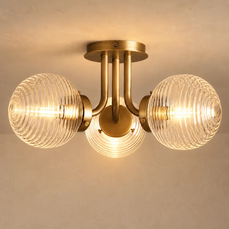 Sfera Tre Flush Mount | Ribbed Glass & Brass | CLSF4903BR