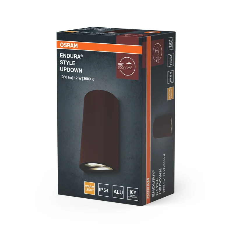 OSRAM ENDURA Style UpDown Außenwandleuchte, Rust, 12 W, 700 lm, 3000 K, 100° Abstrahlwinkel, 30. 000 h Lebensdauer, IP54, Aluminiumgehäuse, Glasabdeckung, 160 mm Höhe