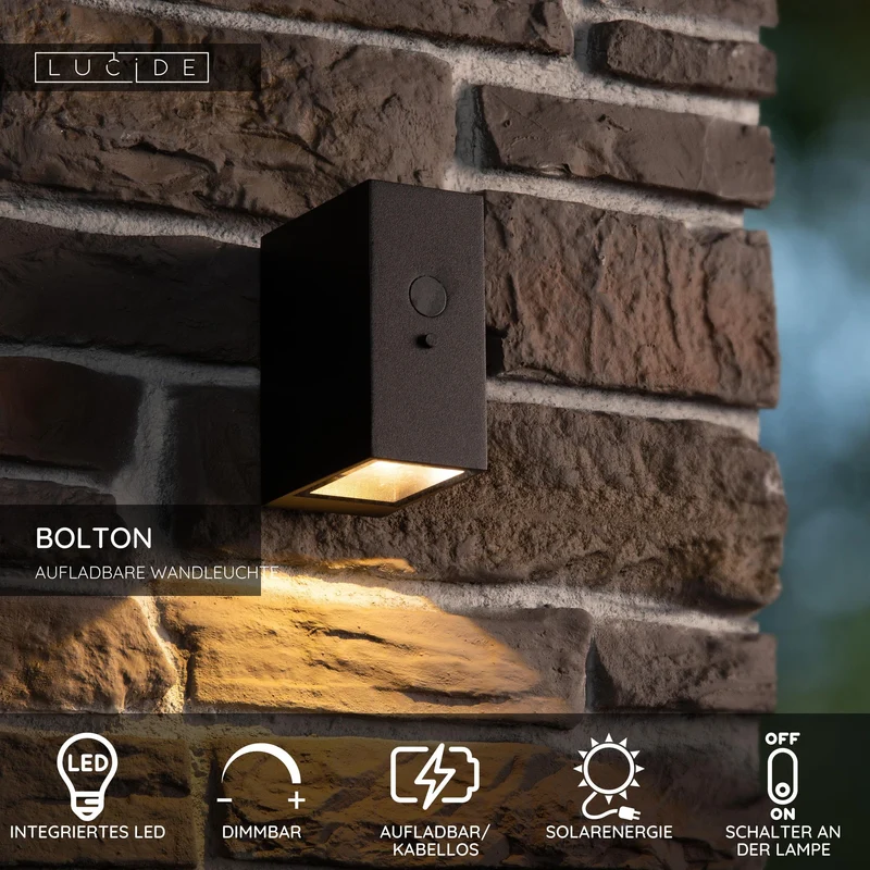 Außenwandleuchte Bolton solarbetrieben mit Bewegungsmelder IP54 Schwarz