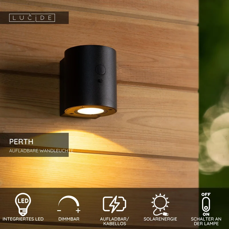LED-Außenwandleuchte Perth solarbetrieben IP65 mit Bewegungsmelder Schwarz