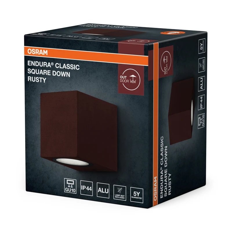 ENDURA Classic Square Außenwandleuchte, Rust, GU10-Sockel, IP44, Aluminiumgehäuse, Glasabdeckung, 220–240 V, 0–7 W geeignet, Oberfläche montierbar