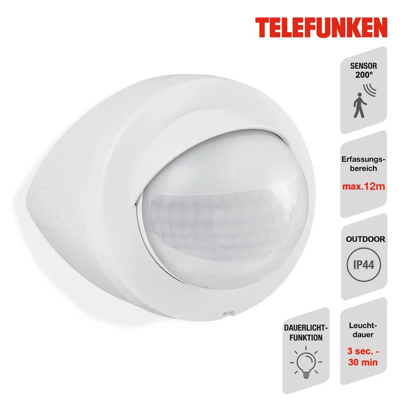 Telefunken Außen-Bewegungsmelder 200° – 12 m, IP44, Eckmontage, Weiß