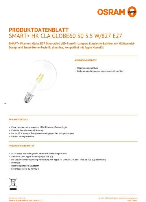 Osram Smart+ Filament Globe E27 5.5W dimmbar für Apple – Klar