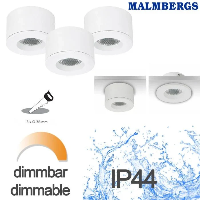 3er Set Mini LED Spots MD-29 – Einbau & Aufbau, dimmbar, Weiß, IP44 (36 mm)