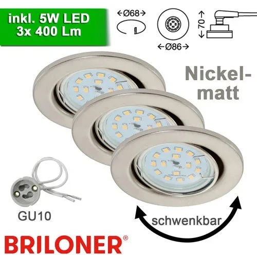 3er Set Einbaustrahler GU10 – nickel matt, schwenkbar, dimmbar, inkl. 5 W LED, Ø 68 mm | Briloner