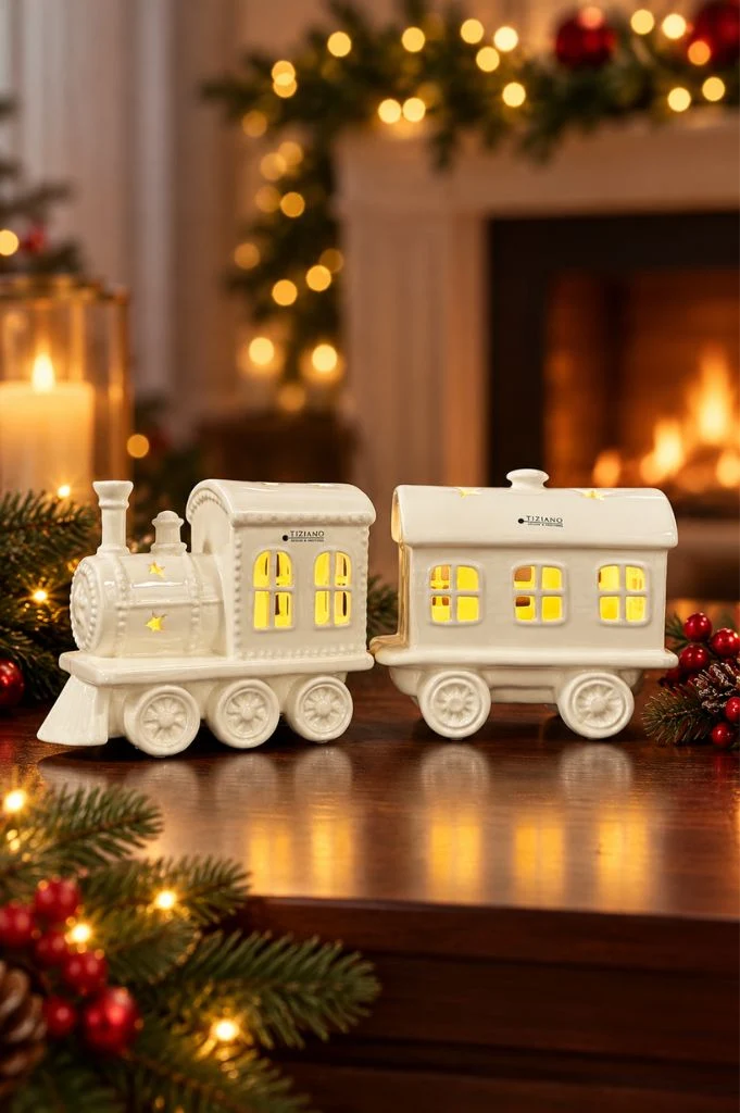 Deko Zug Anton LED 24cm mit Waggon creme-weiß