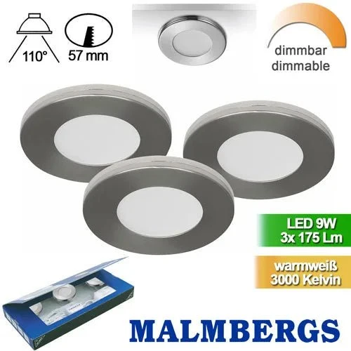 3er Set LED Spots Möbelleuchten 57mm dimmbar silber – Ultra Slim 6mm – Malmbergs MD-305