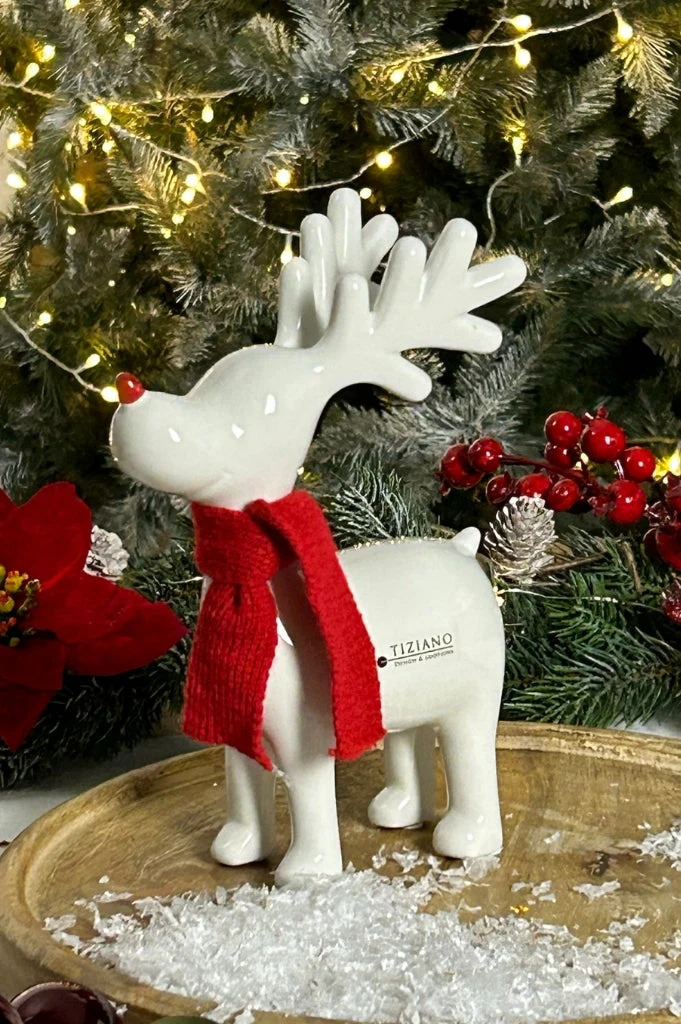 Deko Rentier Rudolph stehend mit roter Nase+Schal