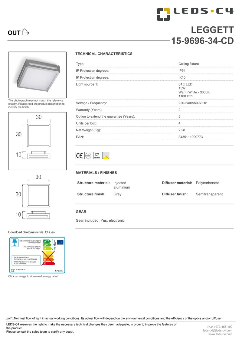 LEDS C4 LEGGETT LED-Außendeckenleuchte Grau – Abverkauf