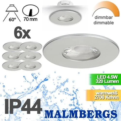 6er Set MD-881 silber LED Einbaustrahler dimmbar 4,5 W 70 mm warmweiß IP44
