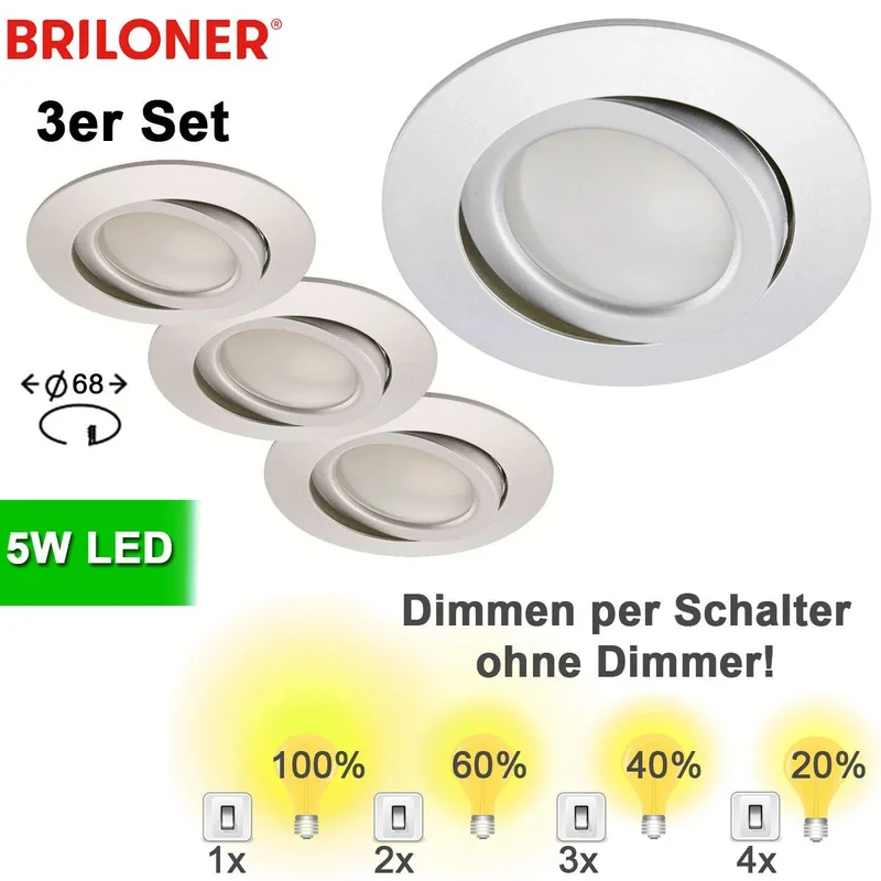 3er Set LED Einbaustrahler – schalterdimmbar in 4 Stufen, schwenkbar, Ø 68 mm, warmweiß 3000 K, Aluminium-Optik