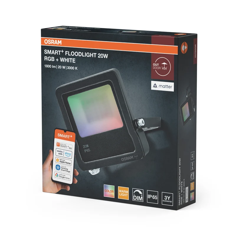 OSRAM SMART+ MATTER Floodlight LED-Fluter, 20W, 1800lm, RGBW 16 Mio. Farben, 3000K, WiFi, Matter, Alexa/Google, IP65