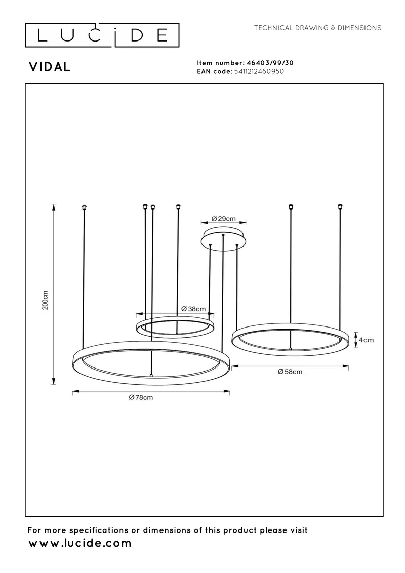 Lucide VIDAL LED-Pendelleuchte 3-flammig Schwarz
