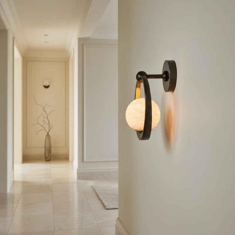 Alabaster Globe & Forged Iron Ring Wall Sconce | CLAFGSC099