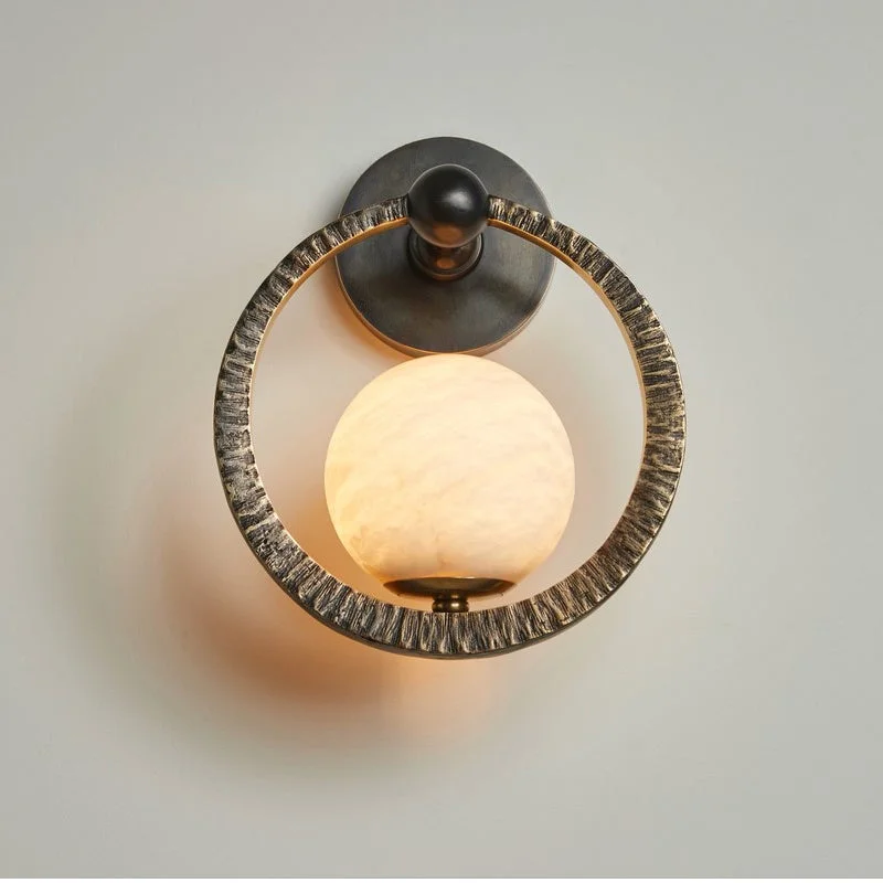 Alabaster Globe & Forged Iron Ring Wall Sconce | CLAFGSC099