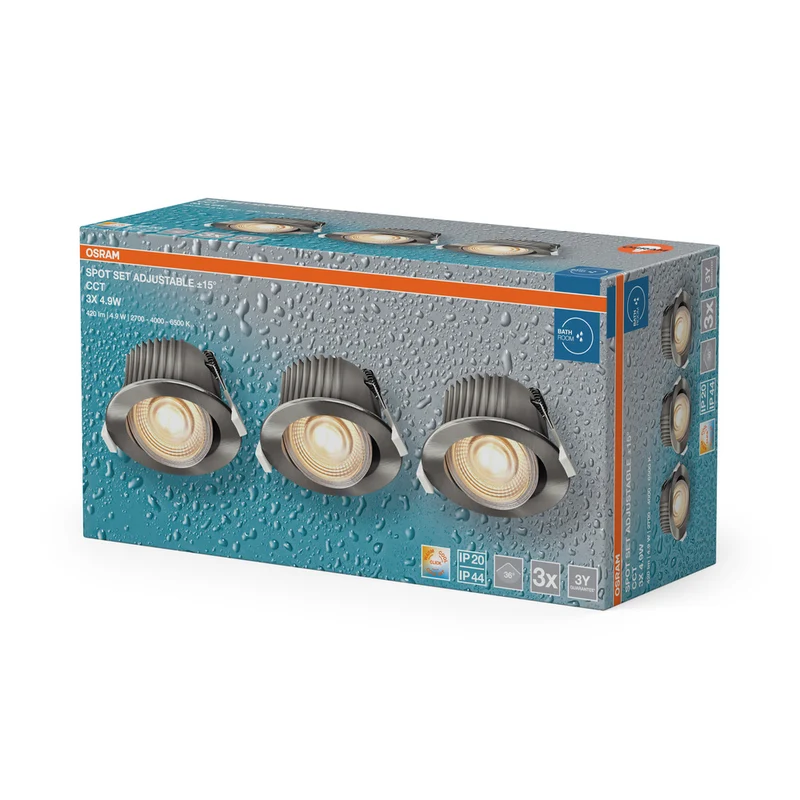 OSRAM LED Spot Recess Bad Einbaustrahler Set CCT IP44 schwenkbar 4.9W 36° Satin-Nickel ⌀68 mm