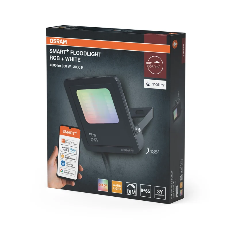 OSRAM SMART+ MATTER Floodlight LED-Fluter, 50W, 4500lm, RGBW 16 Mio. Farben, 3000K, WiFi, Matter, Alexa/Google, IP65