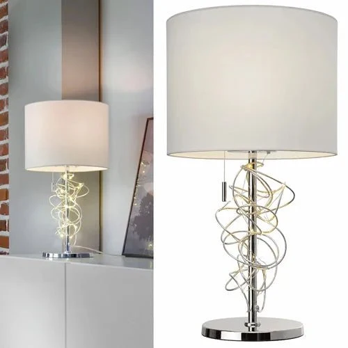Sompex Jewel Tischlampe – LED-Leuchtdraht im Chromfuß, weißer Stoffschirm, E27