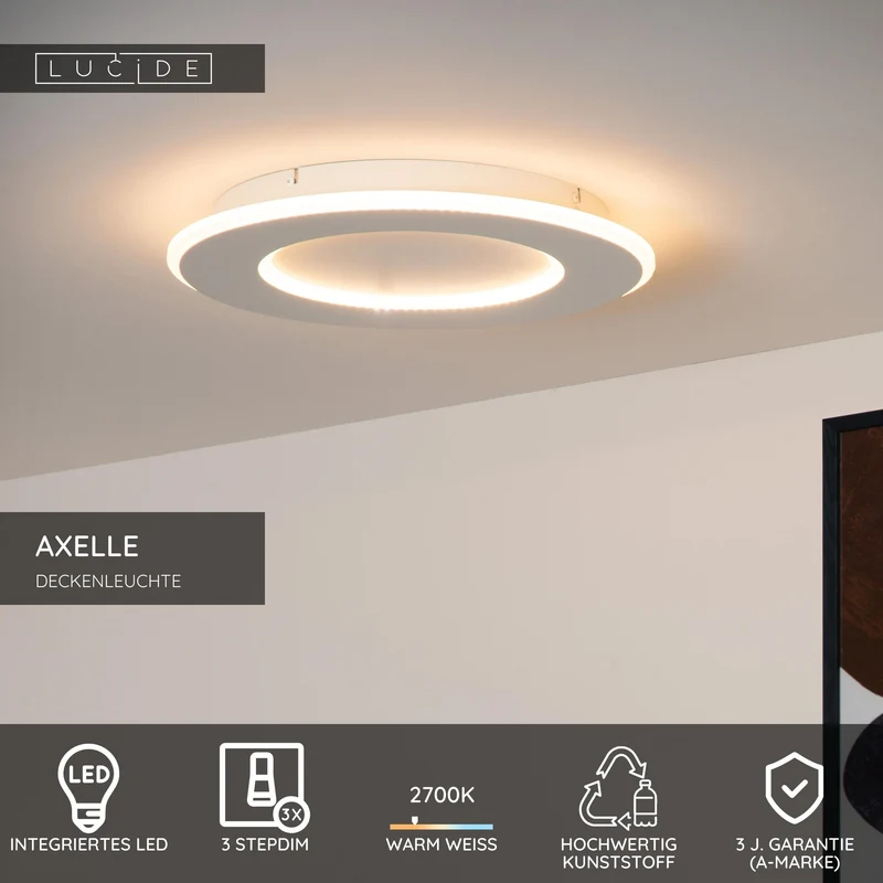 LED-Deckenleuchte Axelle 3-stufig dimmbar rund Ø 39,6cm Weiß