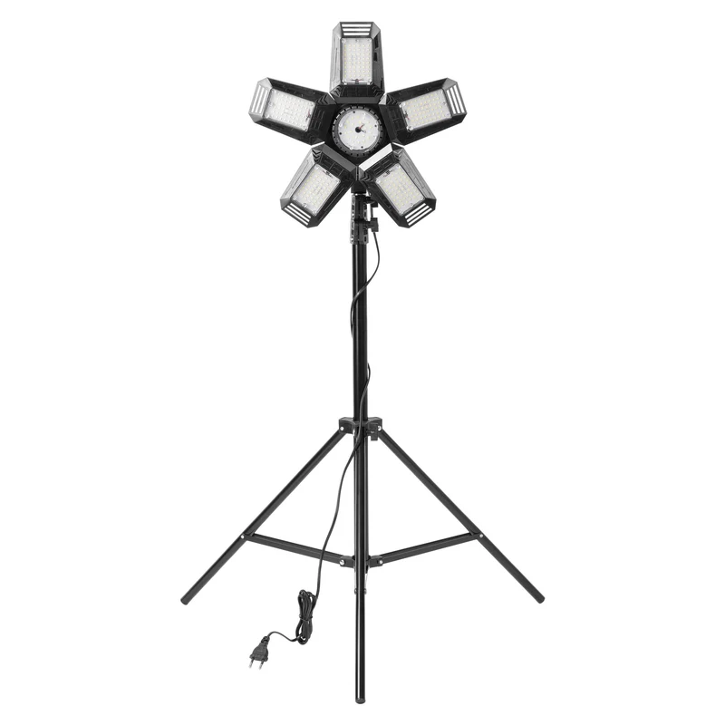 Trano LED Baustrahler Set 55W – 4950lm, 6500K, klappbar mit 5 Flügeln, höhenverstellbares Stativ 68–210cm, E27, IP20, 2m Kabel