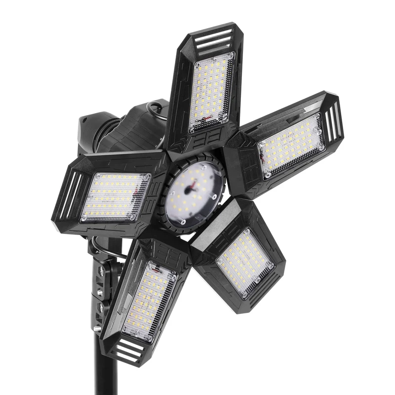 Trano LED Baustrahler Set 55W – 4950lm, 6500K, klappbar mit 5 Flügeln, höhenverstellbares Stativ 68–210cm, E27, IP20, 2m Kabel