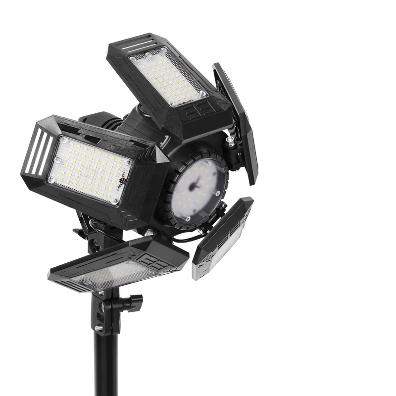 Trano LED Baustrahler Set 55W – 4950lm, 6500K, klappbar mit 5 Flügeln, höhenverstellbares Stativ 68–210cm, E27, IP20, 2m Kabel