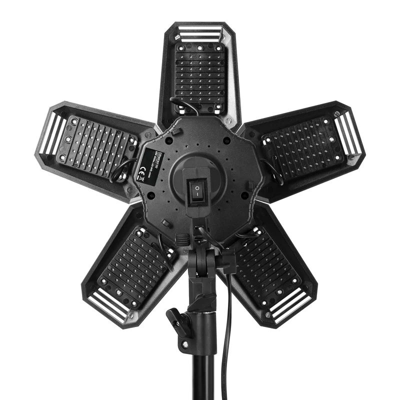 Trano LED Baustrahler Set 55W – 4950lm, 6500K, klappbar mit 5 Flügeln, höhenverstellbares Stativ 68–210cm, E27, IP20, 2m Kabel