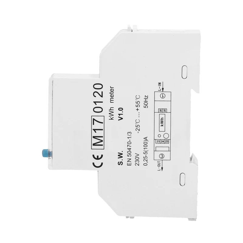 Trano 1-Phasen Stromzähler 100A MID zertifiziert – LCD 5+1, 1 Modul, DIN TH-35mm, 93 m³/h, IP51, 1000 imp/kWh, 8W, LED-Anzeige