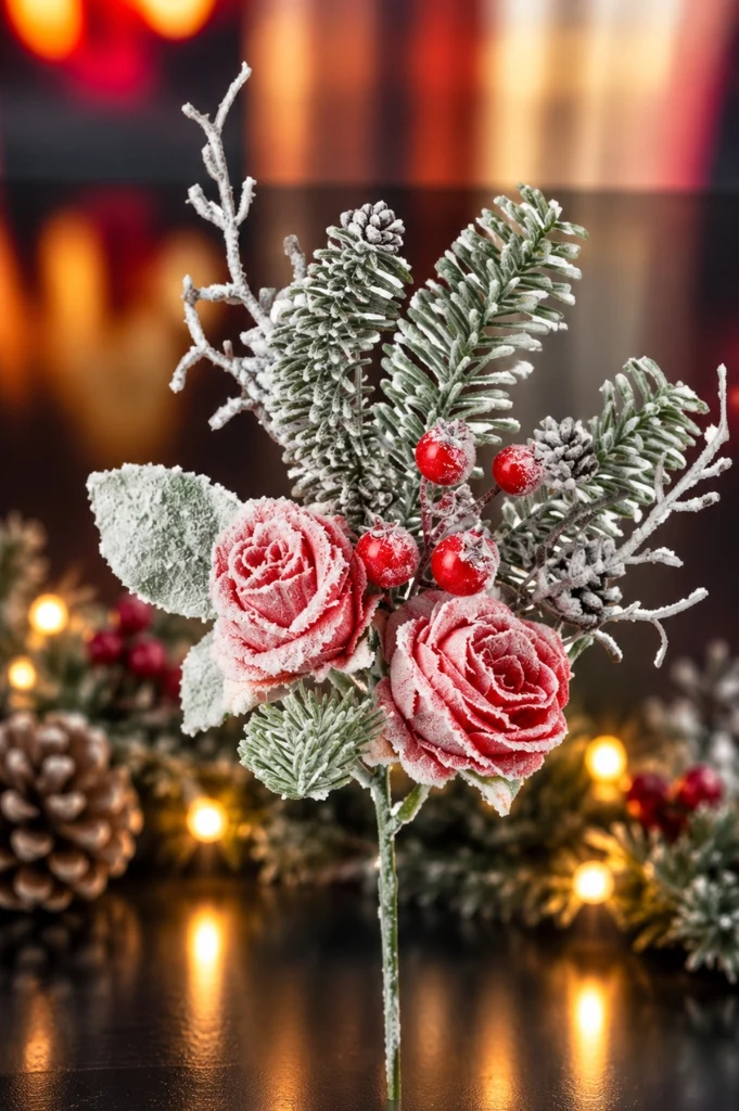 Deko Zweig Rose mit Schnee