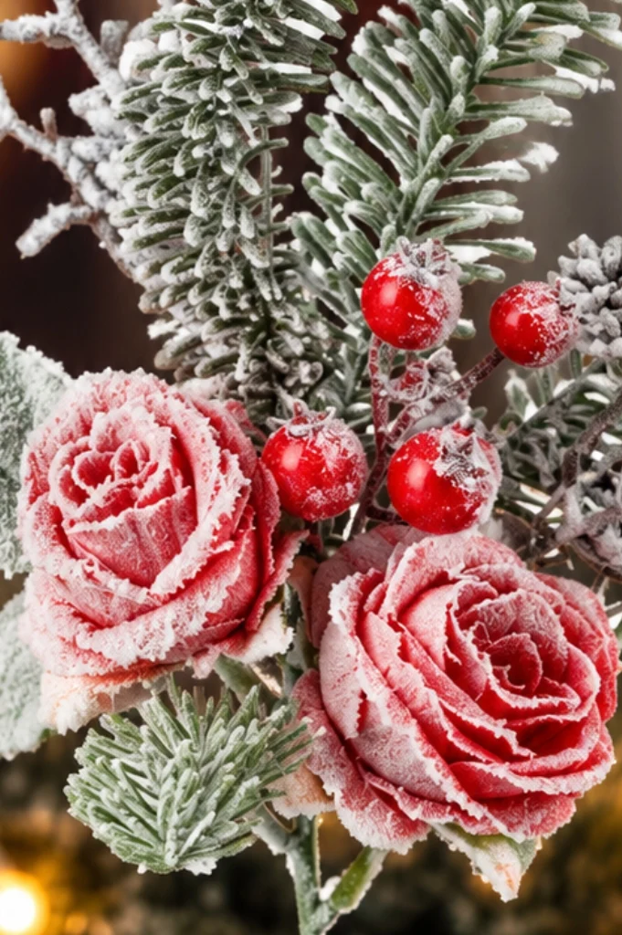 Deko Zweig Rose mit Schnee