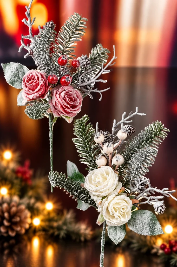 Deko Zweig Rose mit Schnee