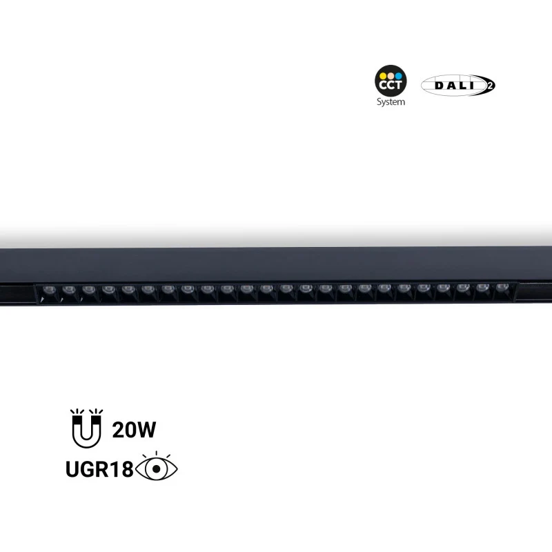 Trano 48V Magnet Schienensystem LED CCT Leuchte 12W/20W DALI‑2 dimmbar UGR18 – 2700‑6000K, 24° Spot, Aluminium, CE/ROHS