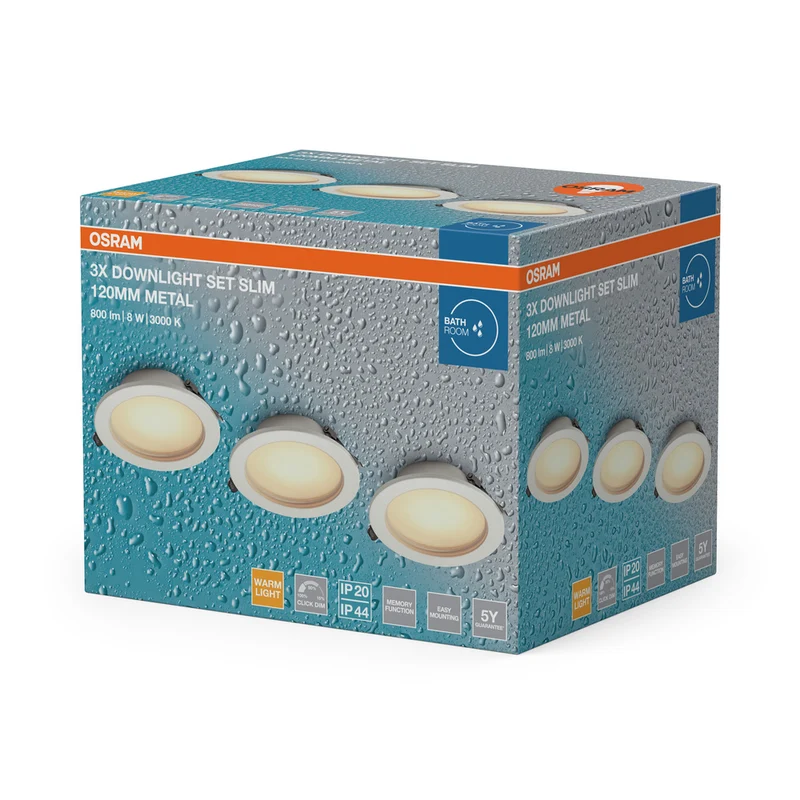 OSRAM LED Downlight Einbaustrahler Bad Set IP44 Slim 120 mm 8W Metall Weiß ⌀95 mm