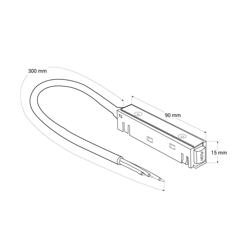 Trano 48V Einspeisung mit 300 mm Kabel für 20 mm Magnetschienen – DALI‑kompatibel, IP20, 90×15 mm, Schwarz