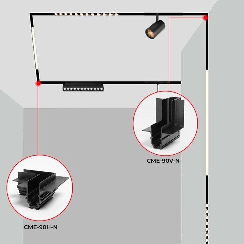 Trano Verbinder für 20 mm Einbau‑Magnetschienen – L, T & X – 90° Verbindungen, Aluminium, IP20, Schwarz, inkl. Montagezubehör, magnetisches 48V System