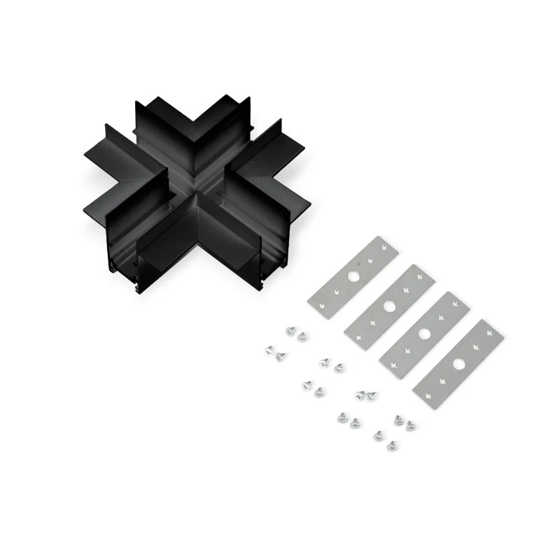 Trano Verbinder für 20 mm Einbau‑Magnetschienen – L, T & X – 90° Verbindungen, Aluminium, IP20, Schwarz, inkl. Montagezubehör, magnetisches 48V System
